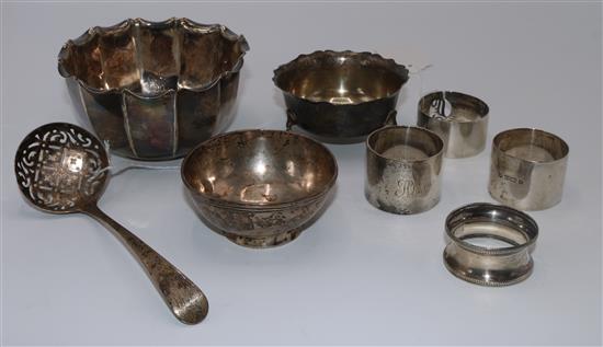 Three silver bowls, silver sifter spoon and 4 napkin rings, Georgian and later